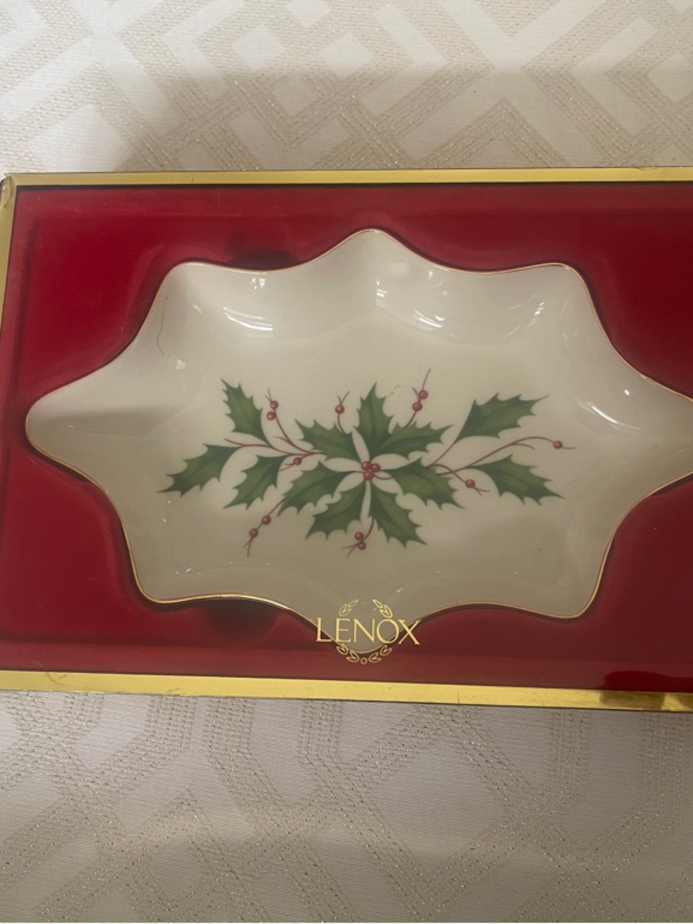 Lenox White and Green Holly Porcelain Holiday Candy Dish